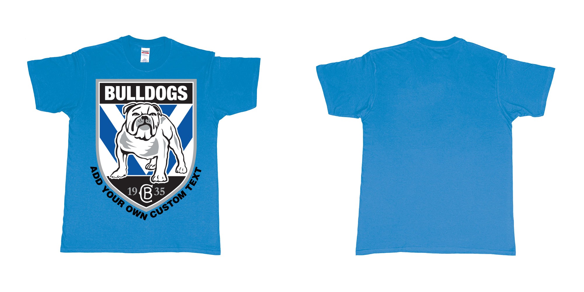 Custom tshirt design  in fabric color sapphire choice your own text made in Bali by The Pirate Way